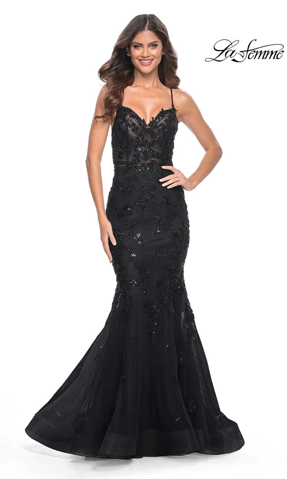 La Femme Tonal Lace Long Mermaid Prom Dress 32033 sold by PromGirl