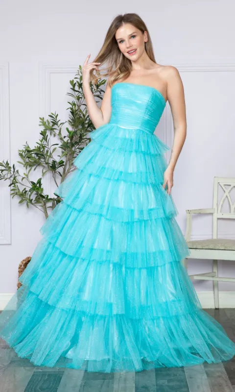 Strapless Long Tiered Glitter Prom Ball Gown 9386 sold by PromGirl