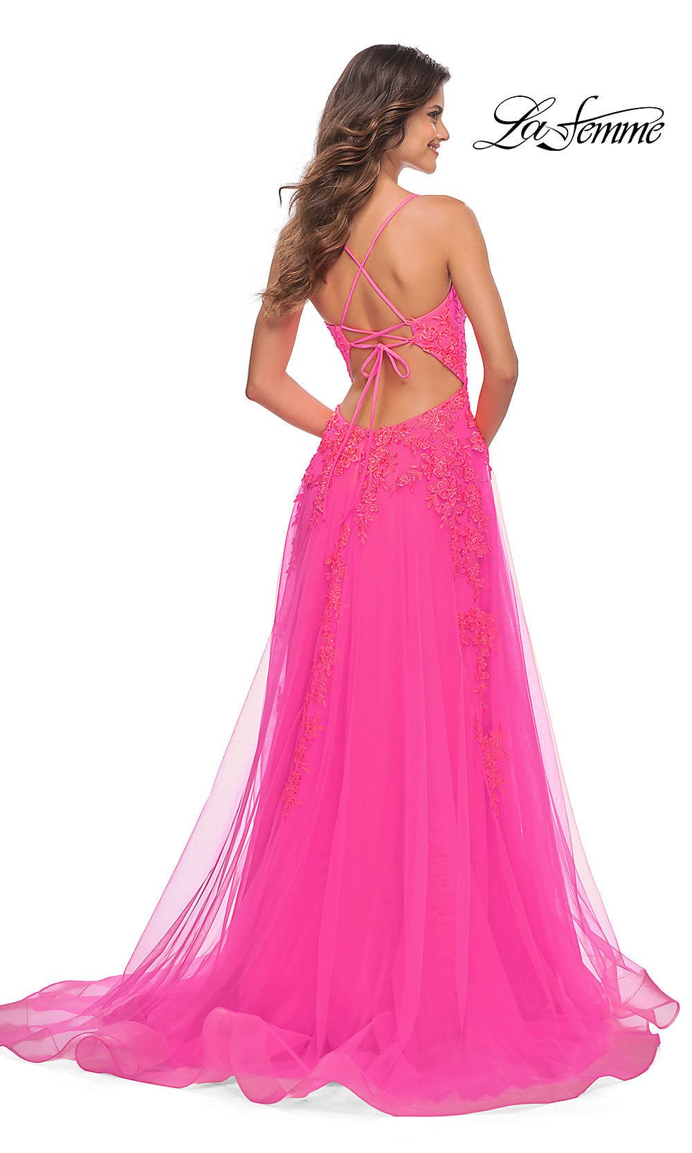 La Femme Neon Pink Long Embroidered Prom Dress sold by PromGirl product image thumbnail 2
