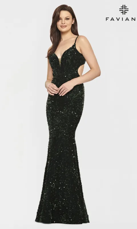 Faviana Dark Green Long Sequin Prom Dress sold by PromGirl