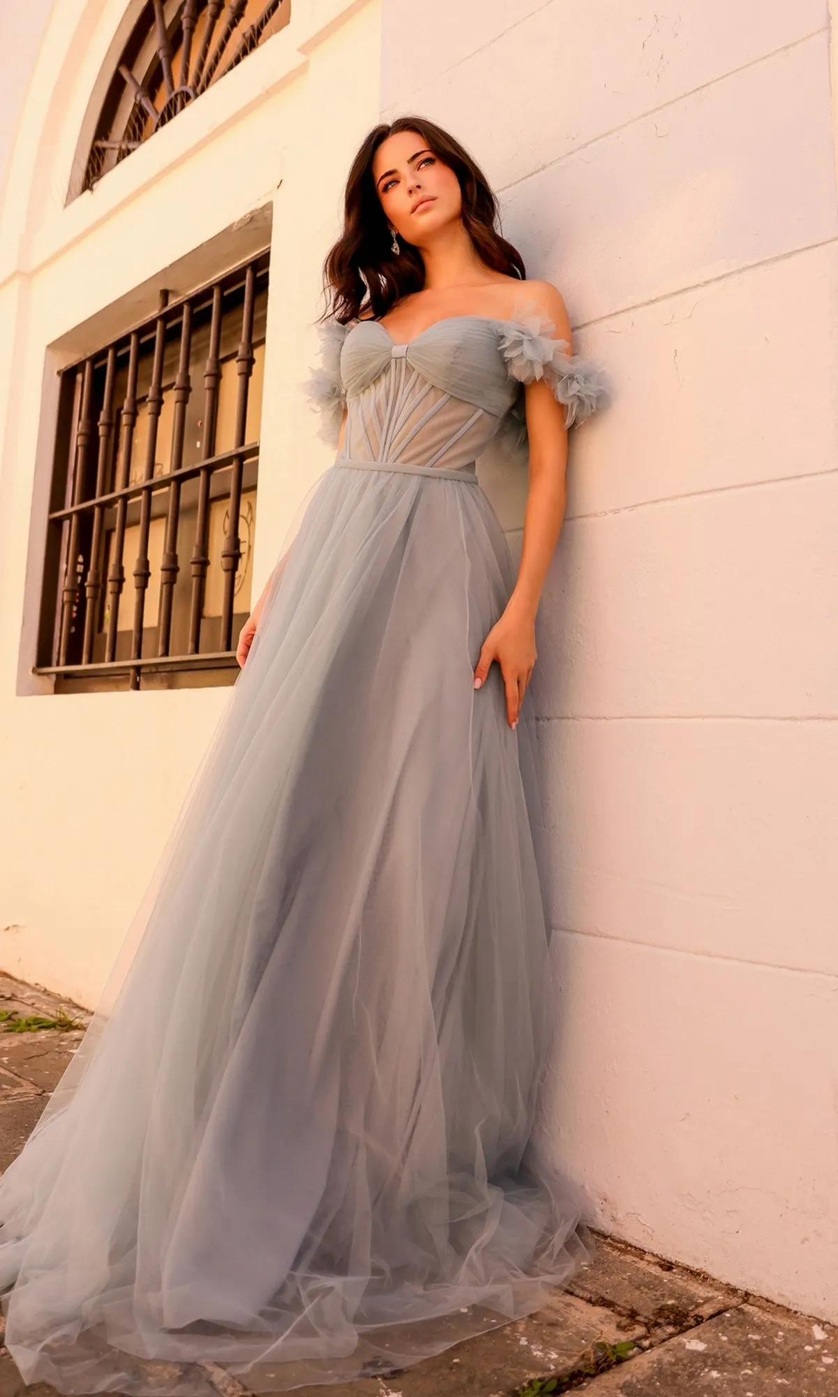 Dusty Blue Off-the-Shoulder Long Prom Gown Y1474 sold by PromGirl product image thumbnail 3