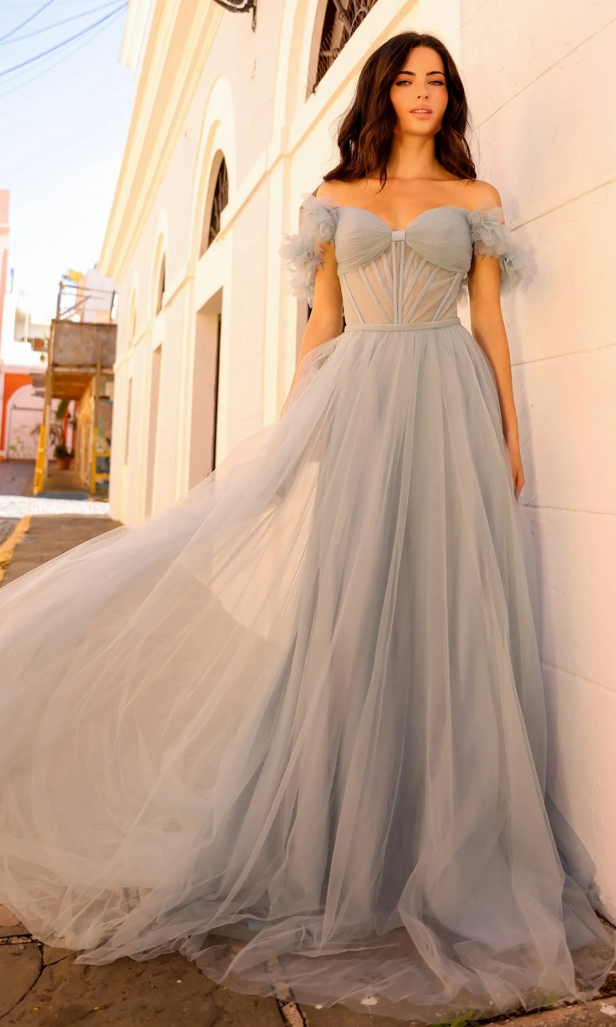 Dusty Blue Off-the-Shoulder Long Prom Gown Y1474 sold by PromGirl