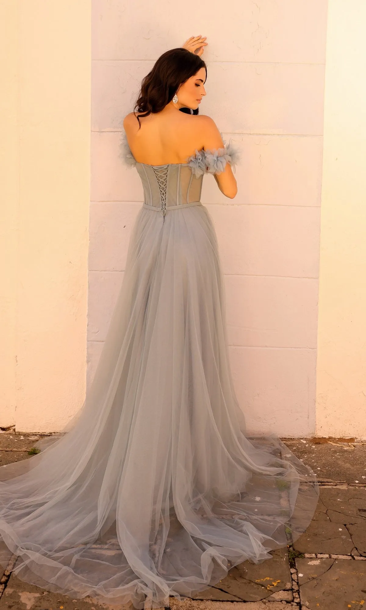 Dusty Blue Off-the-Shoulder Long Prom Gown Y1474 sold by PromGirl product image thumbnail 2