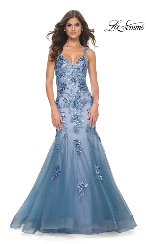 La Femme Slate Blue Long Mermaid Prom Dress 32192 sold by PromGirl