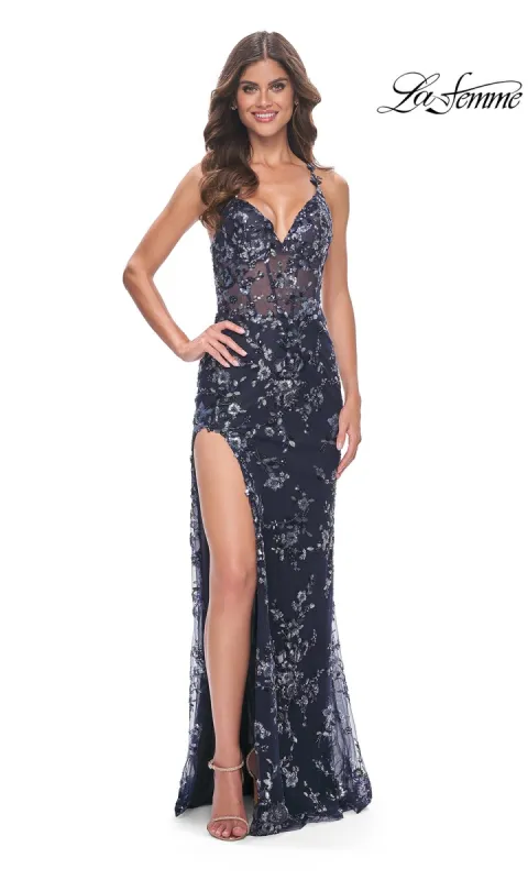 La Femme Sequin-Lace Long Navy Prom Dress 31916 sold by PromGirl