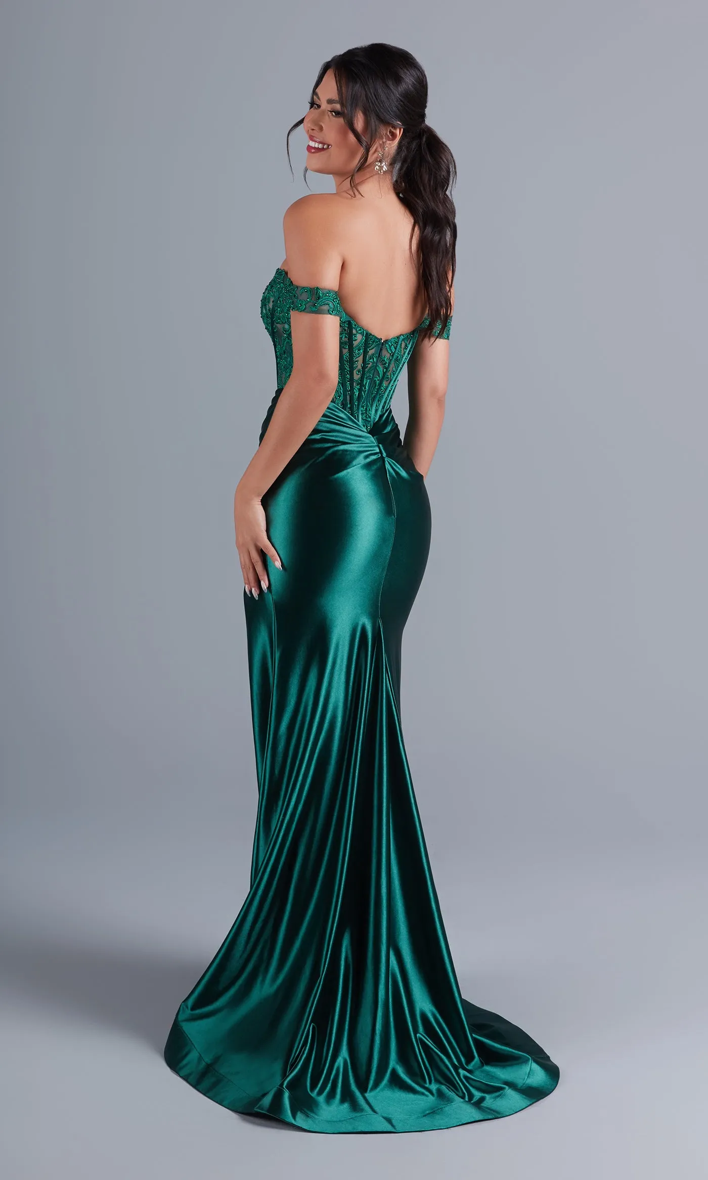 Off-the-Shoulder Long Emerald Green Prom Dress sold by PromGirl product image thumbnail 2