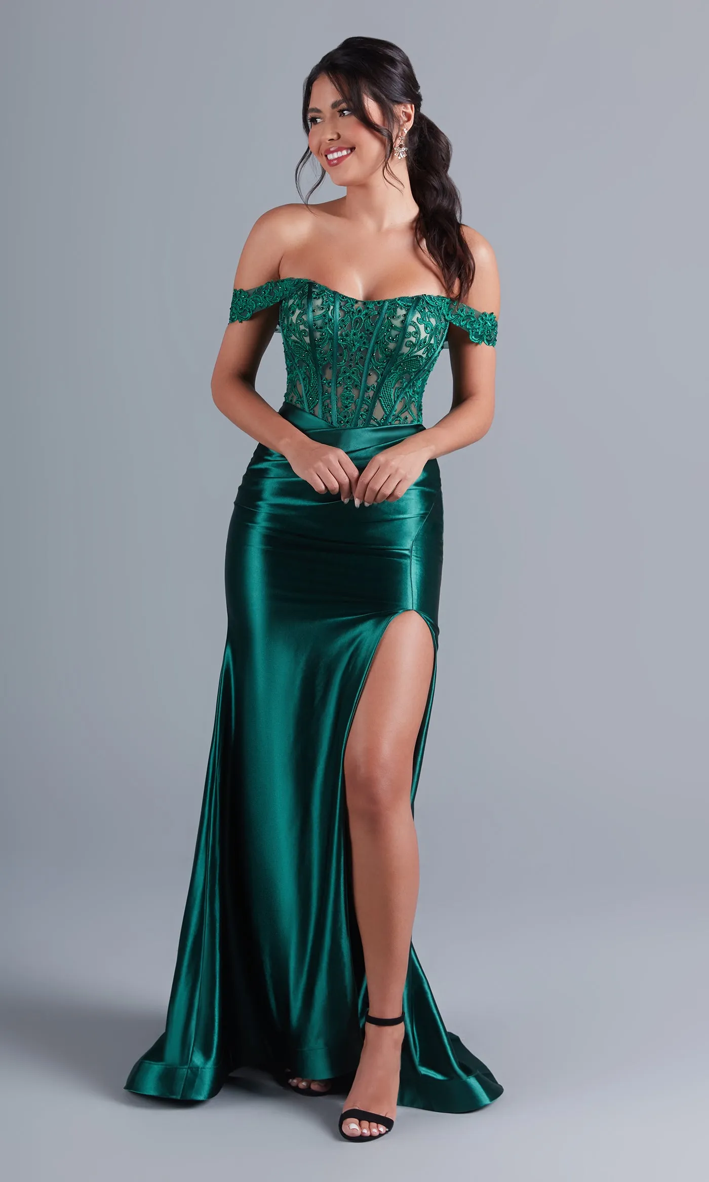 Off-the-Shoulder Long Emerald Green Prom Dress sold by PromGirl product image thumbnail 4