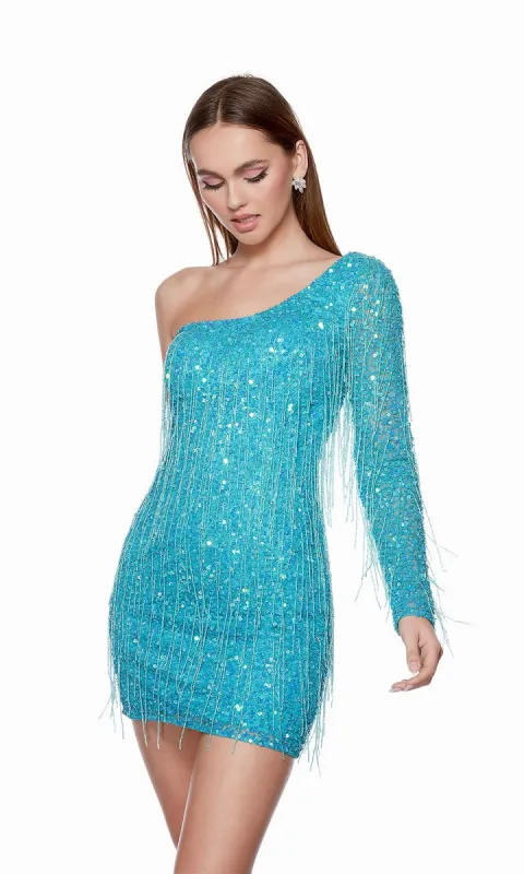 Fringed Beaded One-Sleeve Short Party Dress 4646 sold by PromGirl