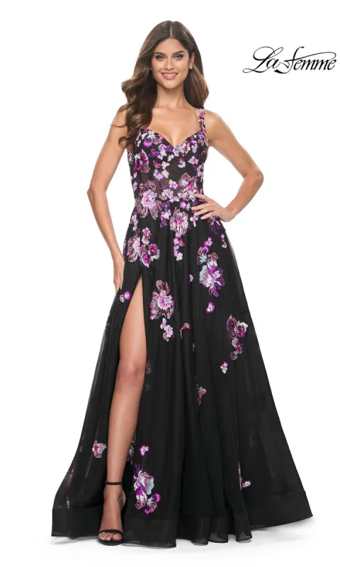 La Femme Purple-Floral Long Black Prom Dress 32030 sold by PromGirl