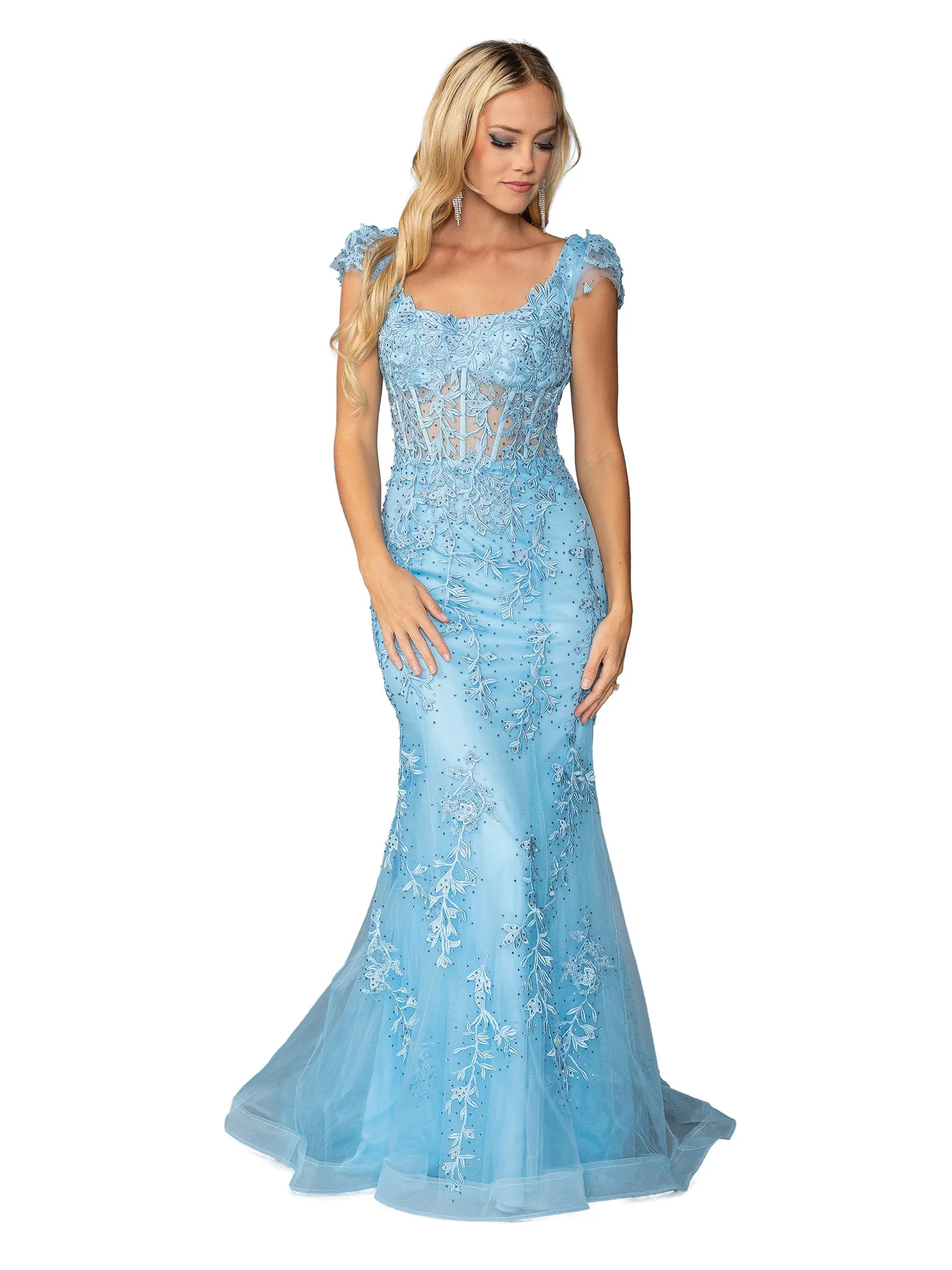 Cap-Sleeve Long Prom Dress: Dancing Queen 4447 sold by PromGirl