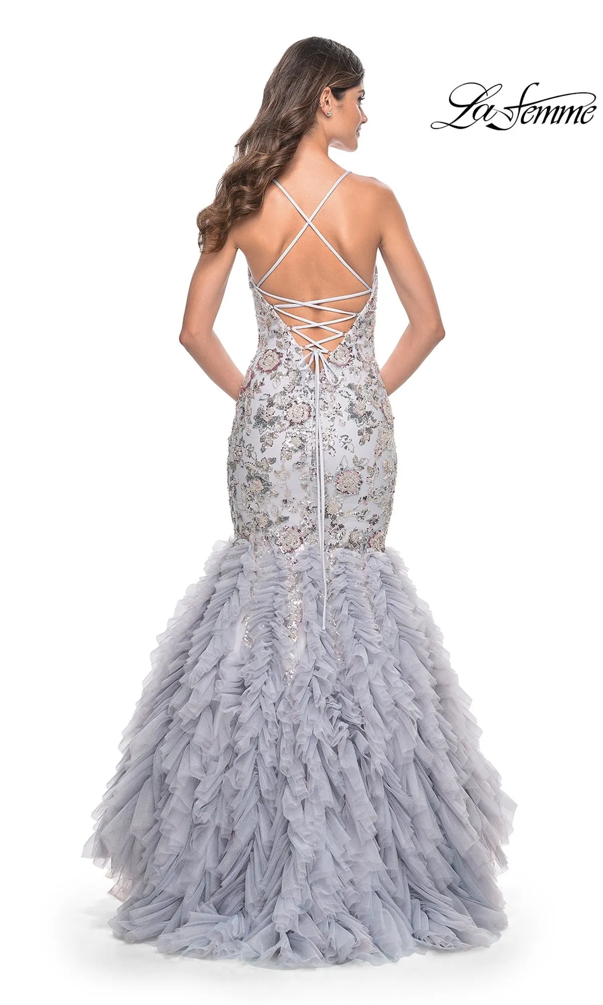 La Femme Silver Ruffled Long Prom Dress 32105 sold by PromGirl product image thumbnail 2