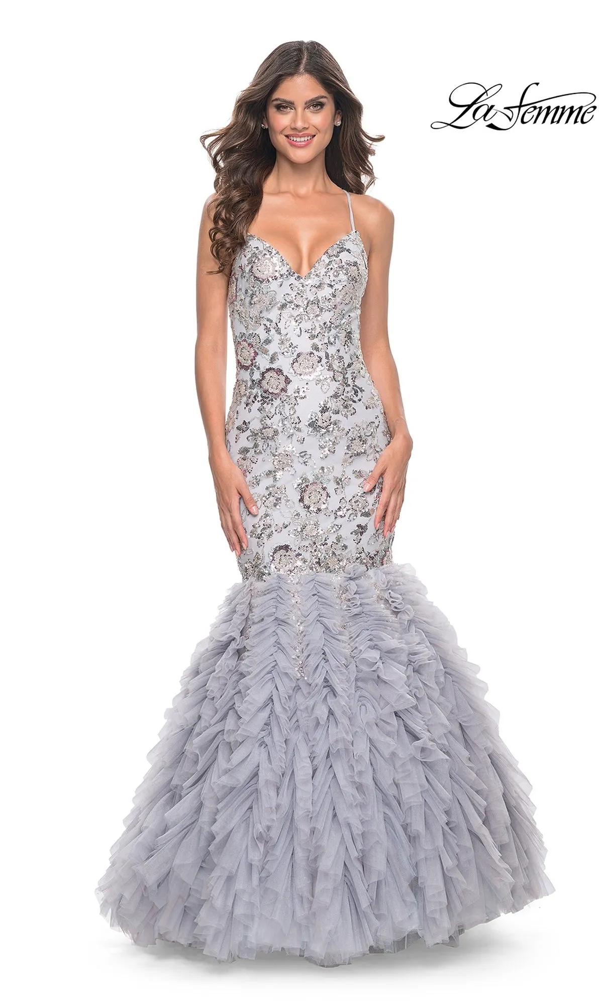 La Femme Silver Ruffled Long Prom Dress 32105 sold by PromGirl