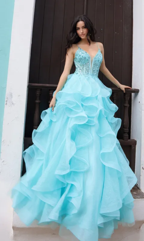 Aqua Blue Long Tiered Prom Ball Gown R1433 sold by PromGirl