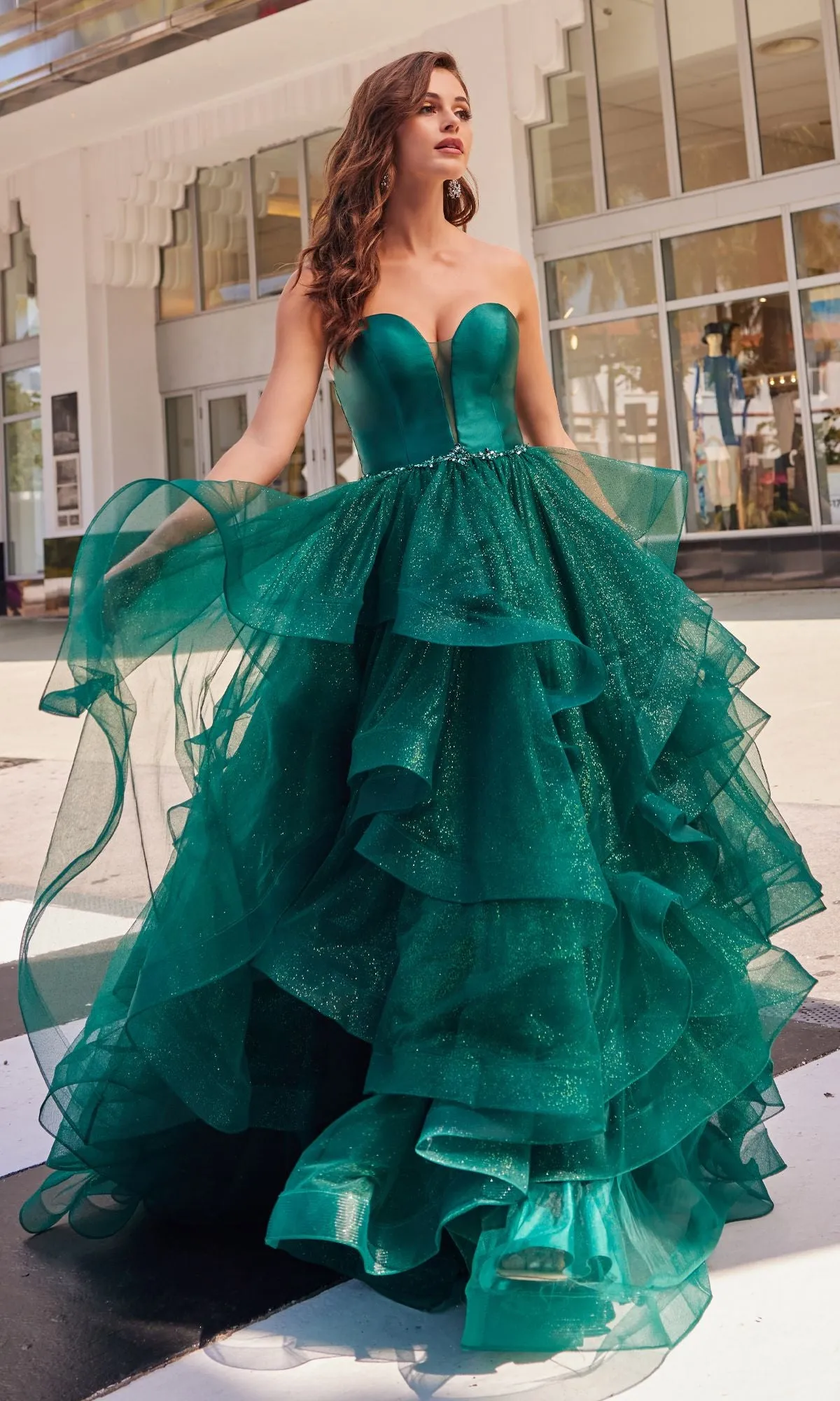 Colette Glitter-Tulle Layered Long Prom Ball Gown sold by PromGirl