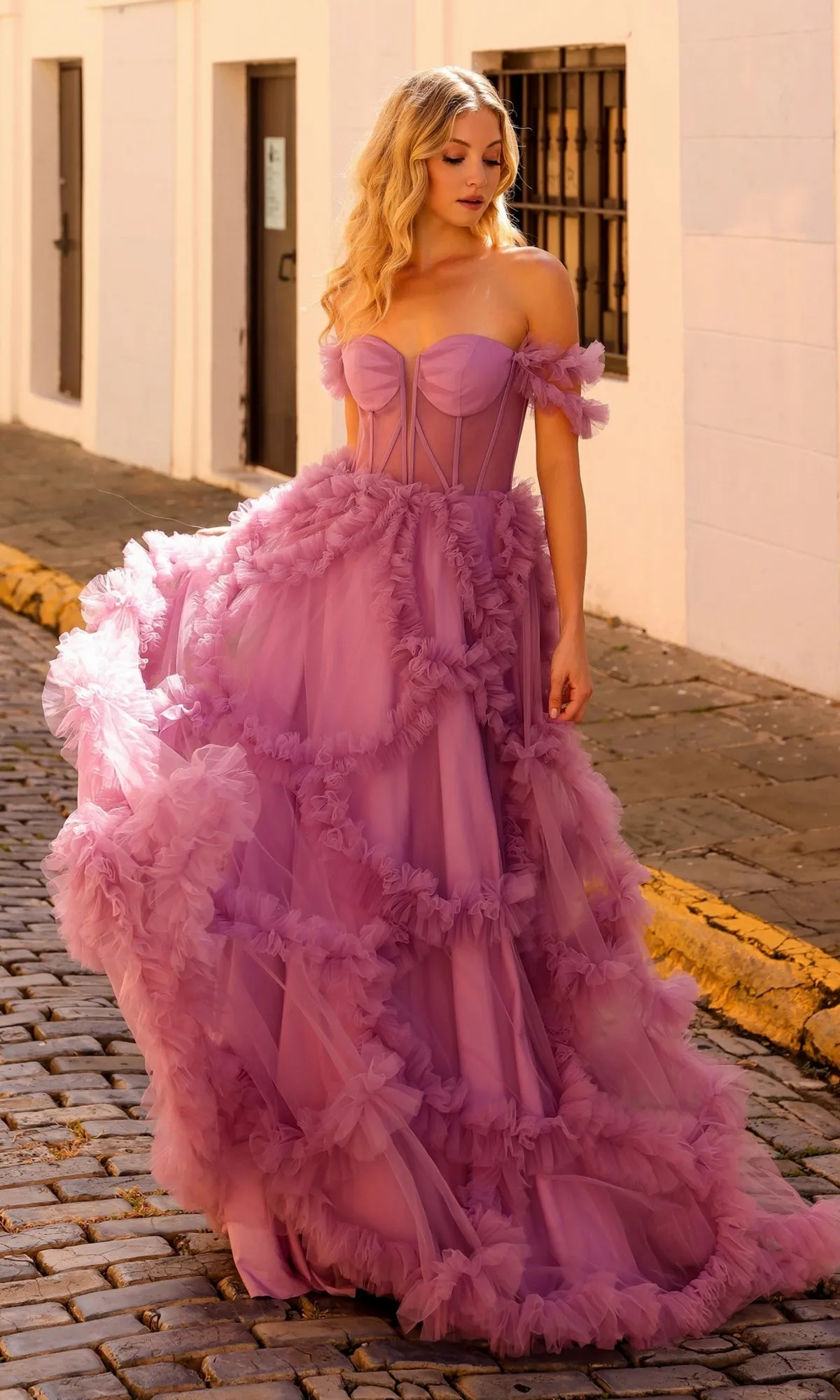 Sheer-Waist Off-Shoulder Long Prom Ball Gown Y1472 sold by PromGirl