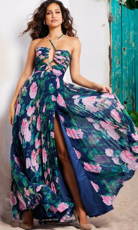 Jovani Pleated Long Floral-Print Prom Dress 38638 sold by PromGirl