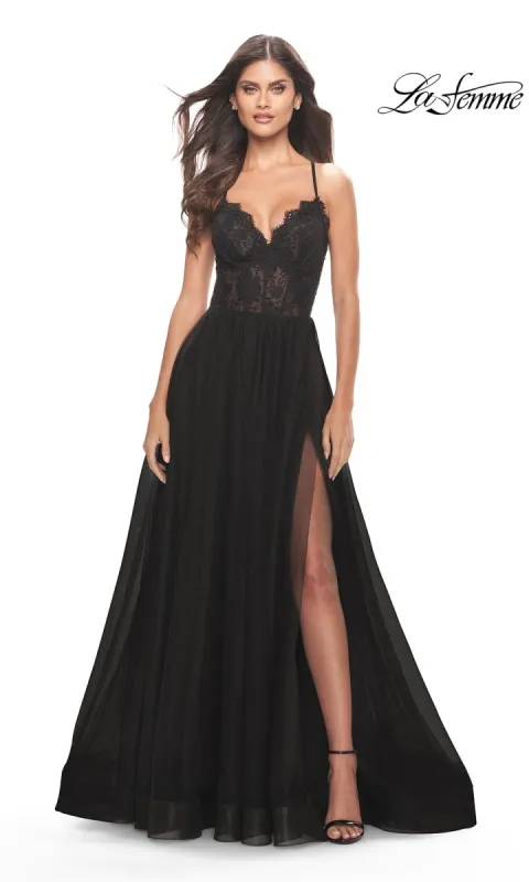 La Femme Sheer-Lace-Bodice Long Prom Dress 31271 sold by PromGirl