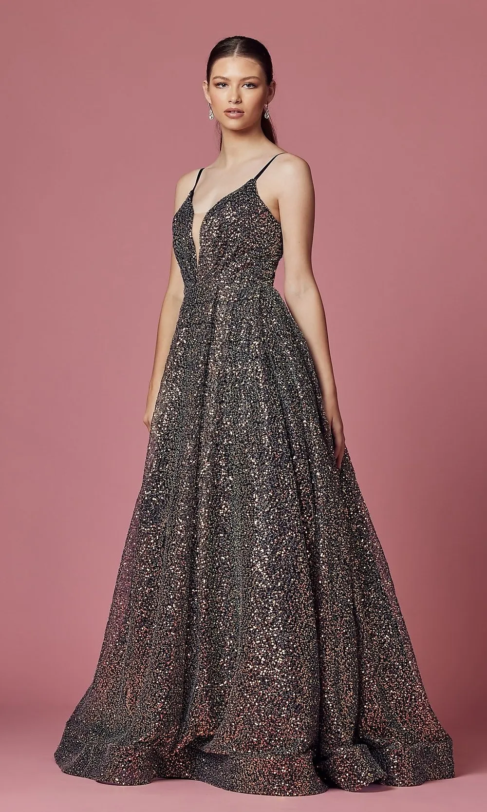 Black Multi Long A-Line Sequin Ball Gown sold by PromGirl