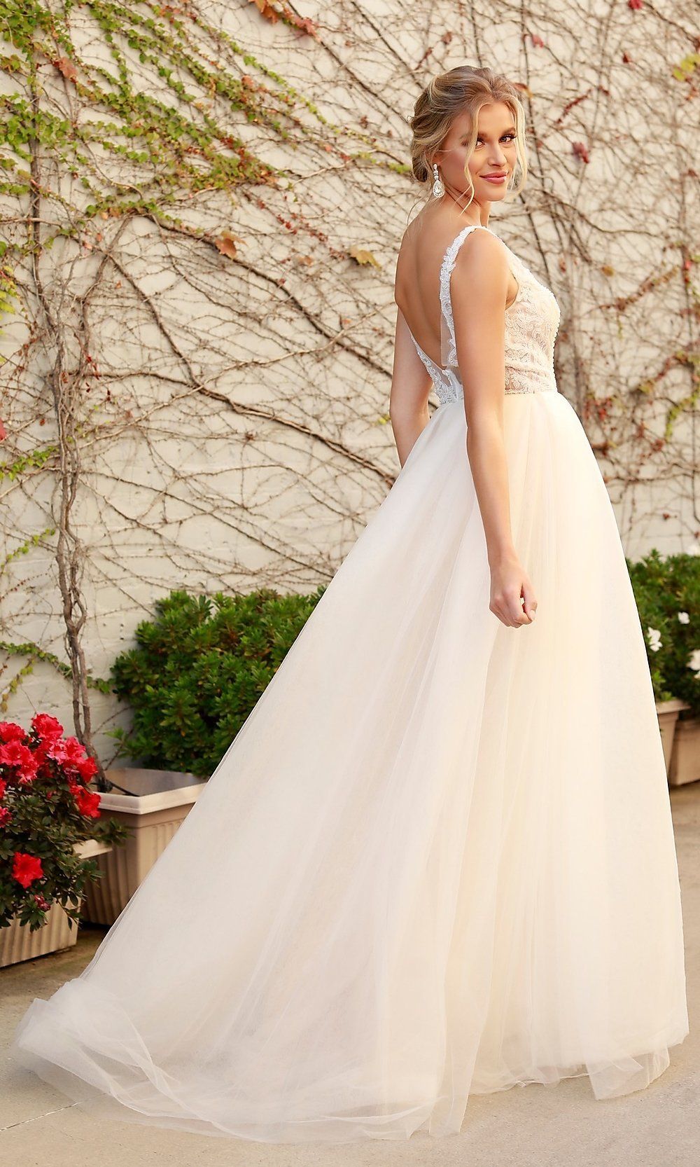 Long White and Nude Lace Formal Dress with Tulle sold by PromGirl product image thumbnail 2