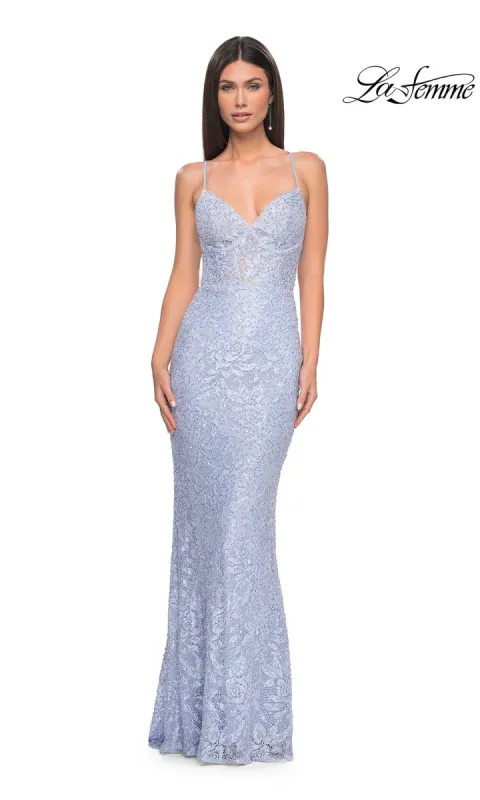 Long Periwinkle Lace Prom Dress: La Femme 32434 sold by PromGirl