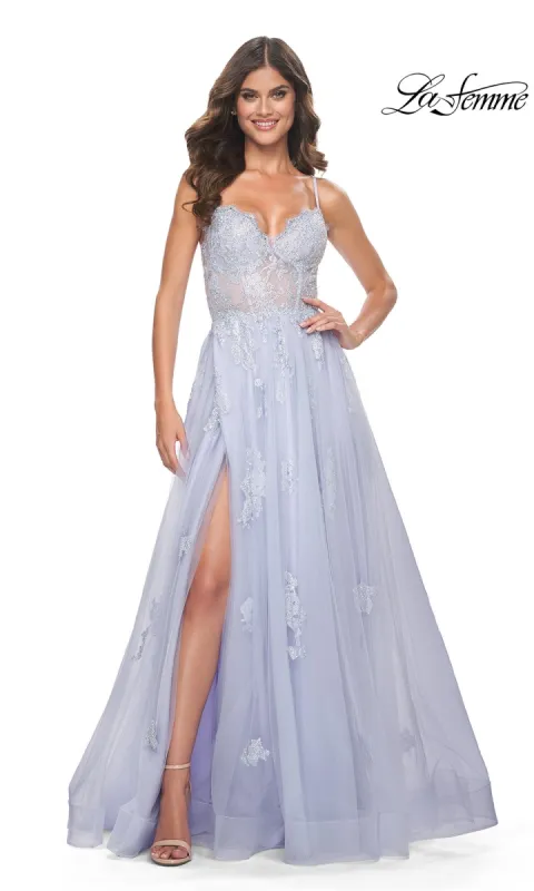 La Femme Sheer-Corset Long A-Line Prom Dress 32028 sold by PromGirl
