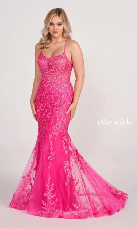 Lace Applique Over Glitter Jersey Gown EW34090 sold by PromGirl