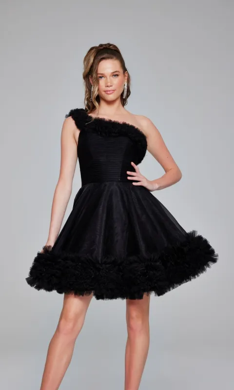 One-Shoulder Short Ruffle Hoco Dress: Jovani 39665 sold by PromGirl
