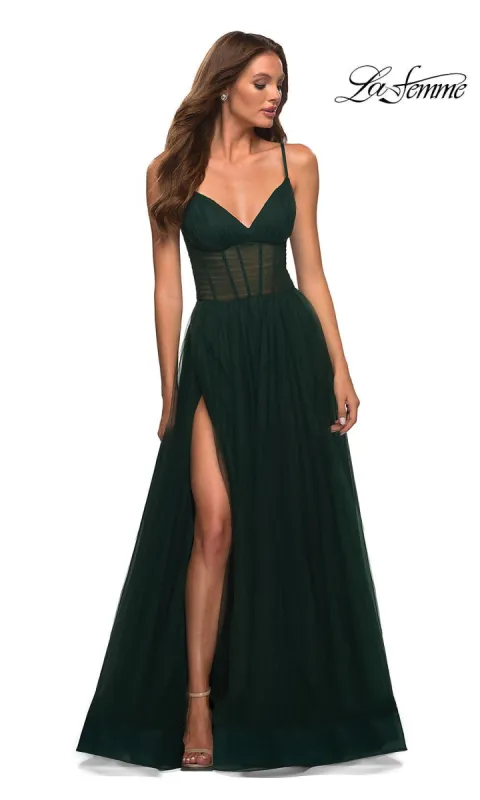 Long La Femme Prom Dress with Sheer Corset Waist sold by PromGirl