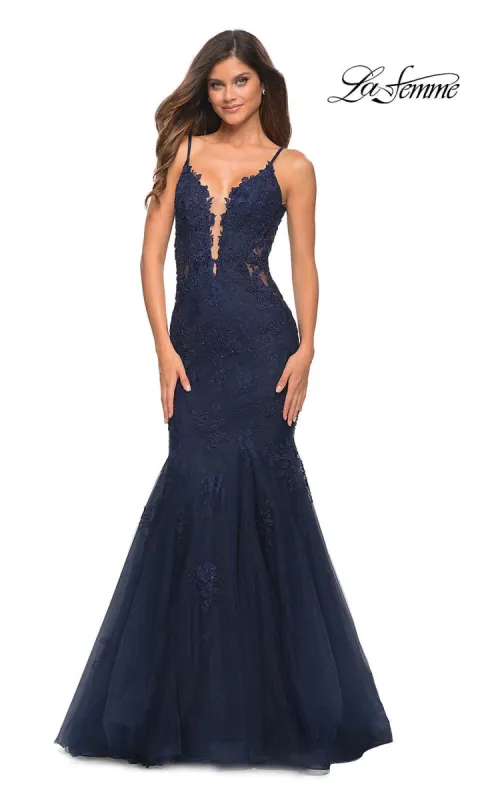 La Femme Embroidered-Lace Long Mermaid Prom Dress sold by PromGirl