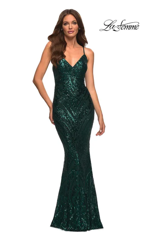 Sequin-Print Long La Femme V-Neck Prom Dress made by La Femme