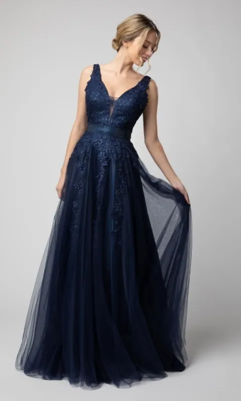 Shail K Long V-Neck Prom Dress with Embroidery sold by PromGirl