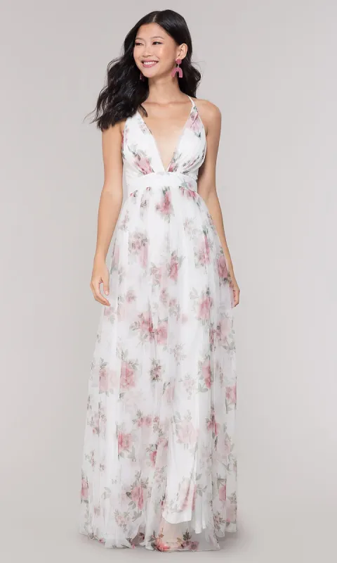 V-Neck Long Floral-Print White Prom Dress made by PromGirl