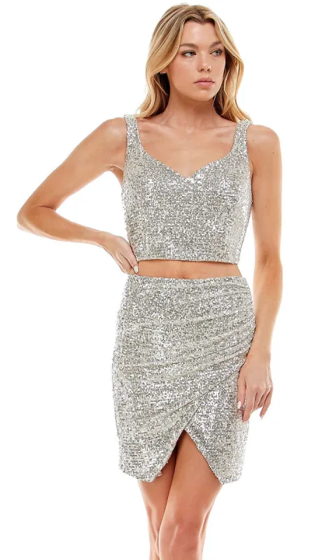 Two-Piece Short Silver Sequin Homecoming Dress sold by PromGirl