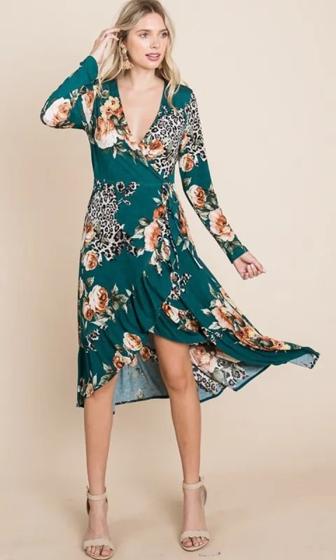 Dark Green Floral & Animal Print High-Low Dress sold by PromGirl
