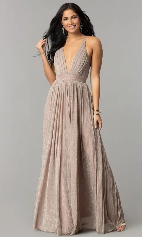 Long Metallic Crepe V-Neck Prom Dress made by PromGirl