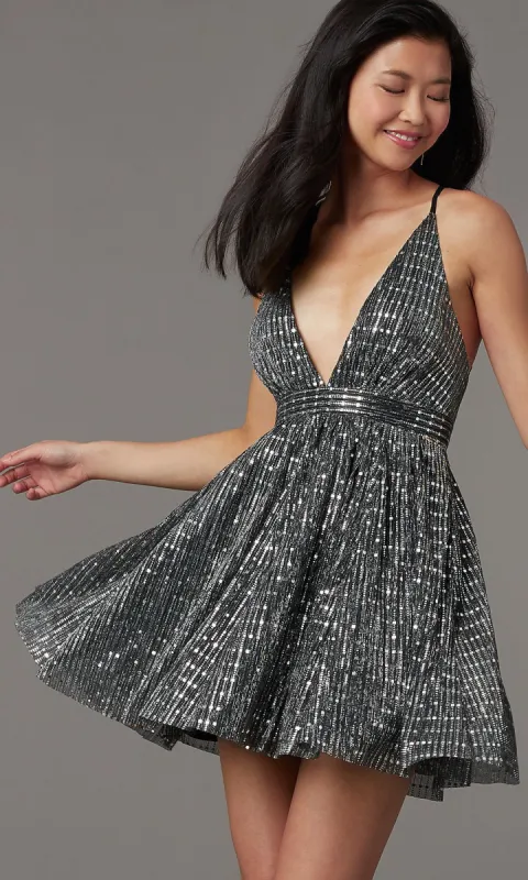Short V-Neck Sequined Homecoming Dress sold by PromGirl