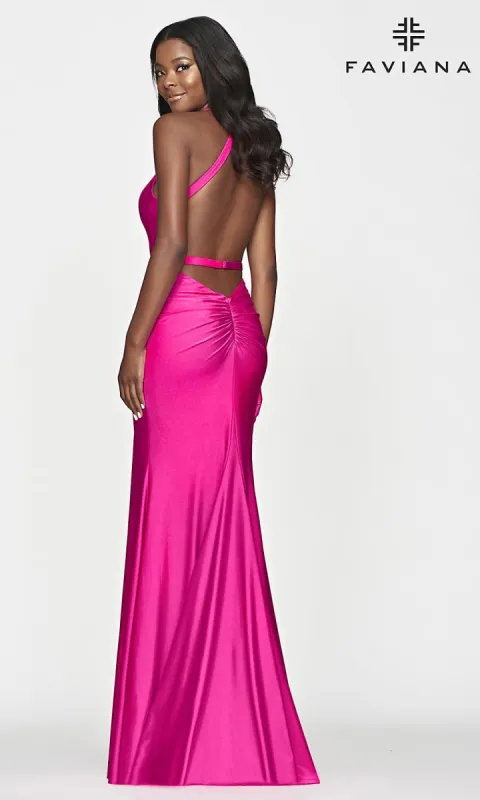 Faviana Long Designer Prom Dress in Hot Pink sold by PromGirl