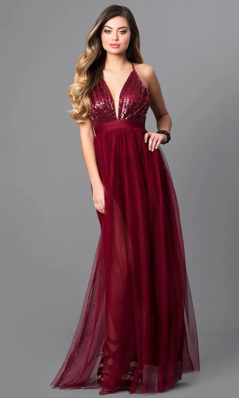 Long V-Neck Tulle Prom Dress with Empire Waist sold by PromGirl