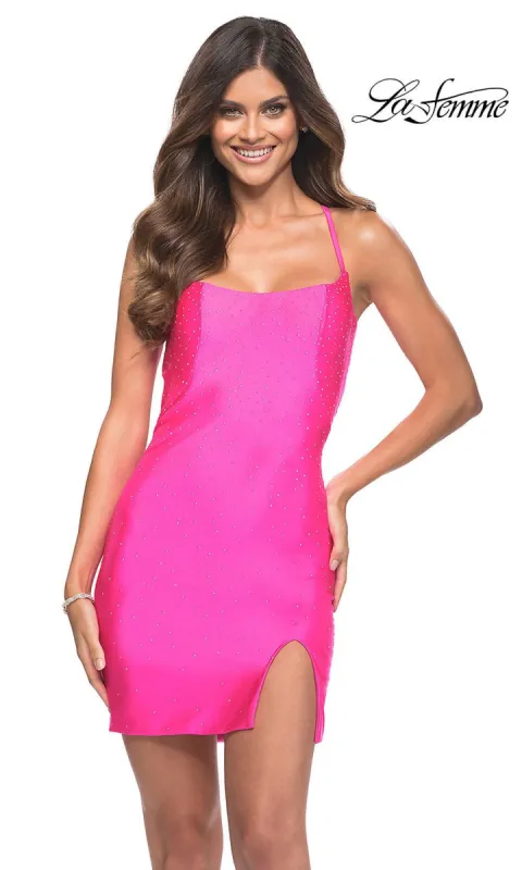 Hot Pink Backless La Femme Short Homecoming Dress sold by PromGirl