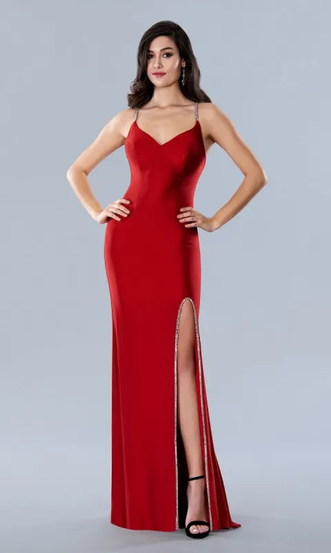 Sleek Long Formal Prom Gown with Embellished Trim sold by PromGirl