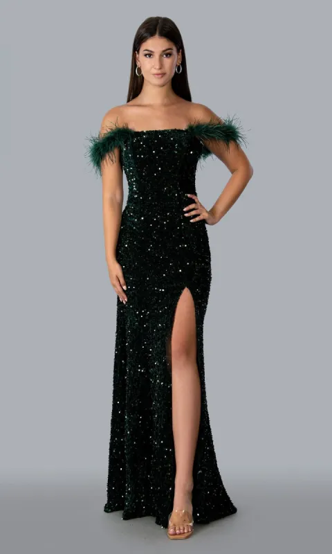 Off-Shoulder Long Sequin Prom Gown with Feathers sold by PromGirl
