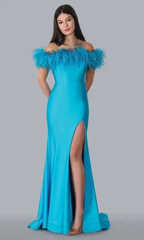 Off-the-Shouder Long Prom Dress with Feather Trim sold by PromGirl