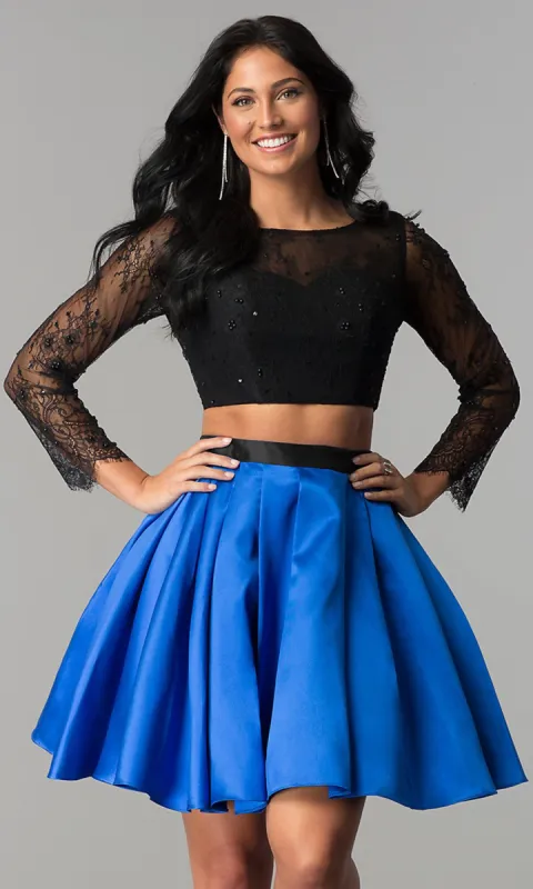 Two-Piece Long-Sleeve Short Homecoming Dress sold by PromGirl
