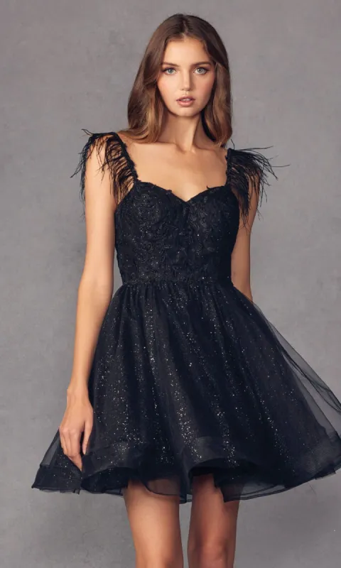 Short Babydoll Homecoming Dress with Feathers 881 sold by PromGirl