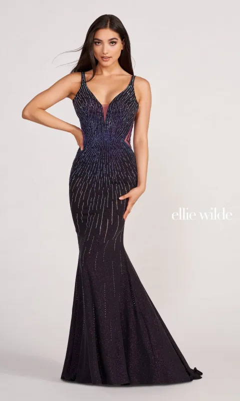 Sheer-Sides Ellie Wilde Long Glitter Prom Dress sold by PromGirl