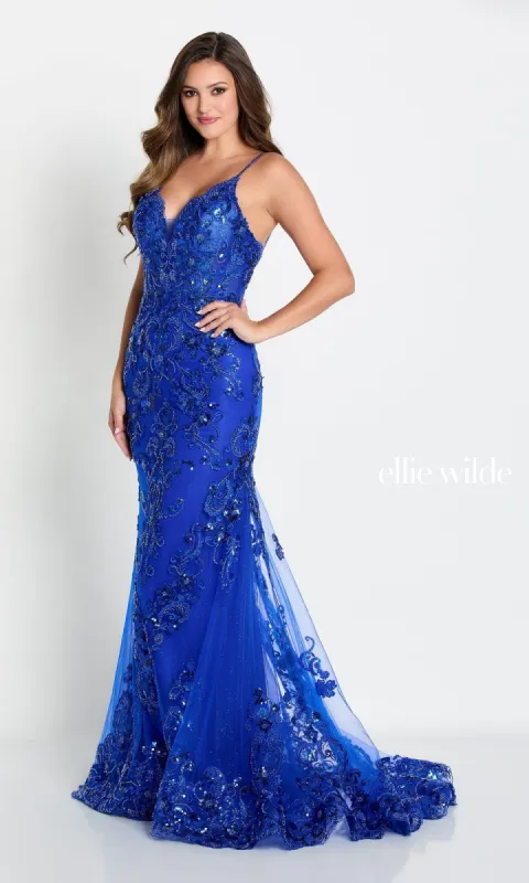 Ellie Wilde Long Glitter-Tulle Prom Dress EW34059 sold by PromGirl