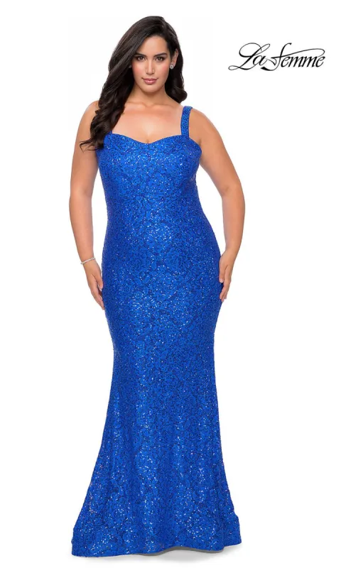 Allover Lace Long Plus-Size La Femme Prom Dress sold by PromGirl
