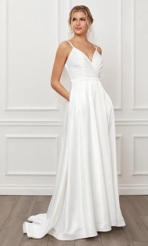 Long White Satin A-Line Formal Gown with Train sold by PromGirl