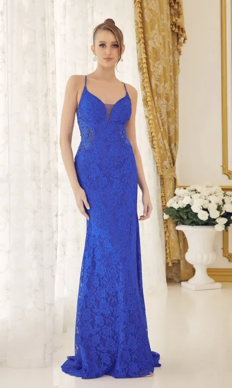 Royal Blue Lace Prom Dress with Sheer Sides sold by PromGirl