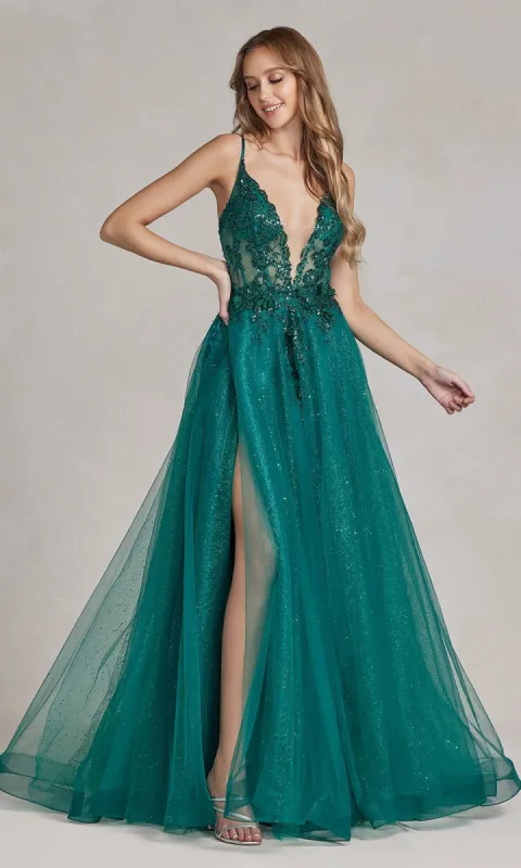 Backless Glitter Tulle Prom Dress with Side Slit sold by PromGirl